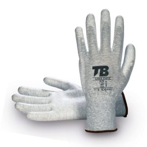 Guante poliéster y fibra de carbono gris sin costuras. Recubrimiento poliuretano blanco en palma. Puño elástico. Galga 13. Resistividad vertical=10^6 Ohm.120CE STATIC