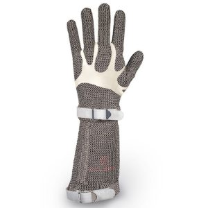 Guante malla metálica acero inoxidable. Ambidiestro. Ajuste poliuretano termoplástico. Hebilla metálica con click de cierre. Incluido tensor de guante poliuretano termoplástico gris. Manguito: 15 cm.15PVC