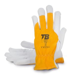 Guante piel flor cabra gris. Dorso algodón amarillo. Grosor: 0,5-0,9 mm.182Y