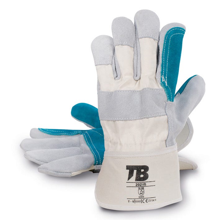 Guante serraje vacuno gris. Lona beige. Cartera beige engomada. Refuerzo serraje verde en palma, pulgar e índice. Forro en palma. Grosor: 1,1-1,3 mm.202VB