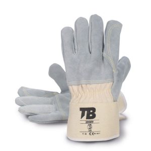 Guante serraje vacuno crupón gris. Lona beige. Cartera beige engomada. Refuerzo interior serraje palma-dedos. Cosido con hilo para-aramida. Grosor: 1,5 mm.205KV