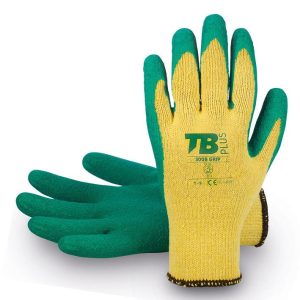 Guante soporte algodón y poliéster amarillo reciclado sin costuras. Recubrimiento látex rugoso verde en palma. Puño elástico. Galga 10.300B GRIP