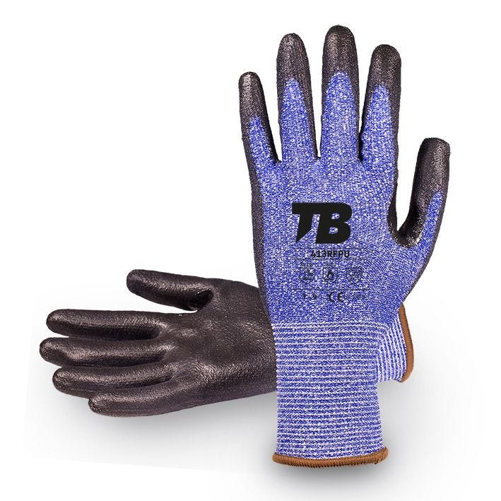 Guante soporte HDPC, fibra de vidrio y nailon azul sin costuras. Recubrimiento poliuretano negro en palma. Refuerzo nitrilo negro entre pulgar e índice. Puño elástico. Galga 13.413RFPU