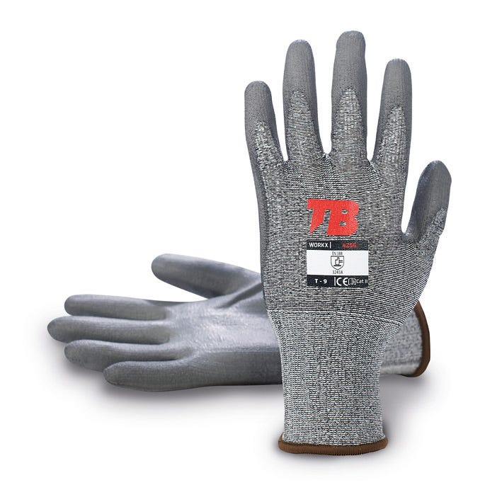 Guante soporte HPPE y elastano gris sin costuras. Recubrimiento poliuretano gris en palma. Puño elástico. Galga 13.425G