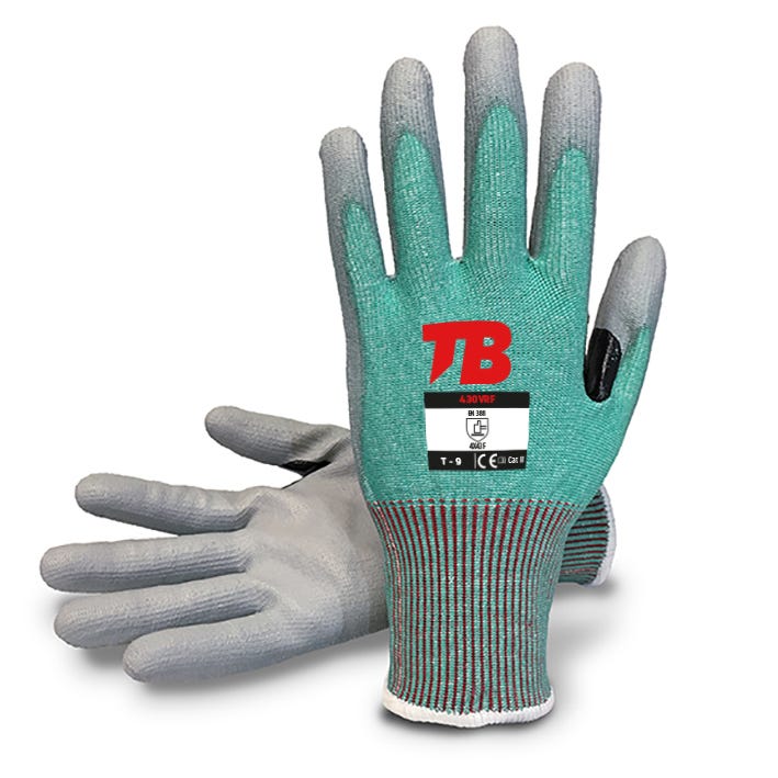 Guante soporte HPPE verde, fibra de acero y fibra de vidrio sin costuras. Recubrimiento de poliuretano gris en palma. Refuerzo nitrilo negro entre pulgar e índice. Puño elástico. Galga 13. EFICAZ EN PANTALLAS TÁCTIL430VRF