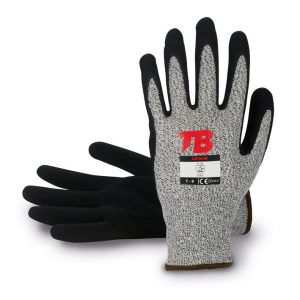 Guante soporte HPPE gris y fibra de vidrio sin costuras. Recubrimiento nitrilo Sandy grip negro en palma. Puño elástico. Galga 13.485MW