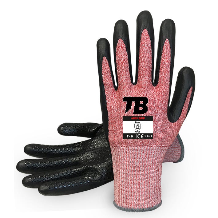 Guante soporte HPPE rojo, fibra de acero y fibra de vidrio sin costuras. Recubrimiento de nitrilo foam negro en palma. Acabado arpón antideslizante de nitrilo en palma. Puño elástico. Galga 13. EFICAZ EN PANTALLAS TÁCTIL486F GRIP