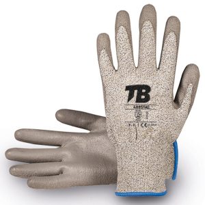 Soporte HPPE, fibra de vidrio, fibras de carbono, nailon y elastano sin costuras. Recubrimiento poliuretano gris en palma. Puño elástico. Galga 13. Resistividad vertical=10^6 Ohm.488STAC