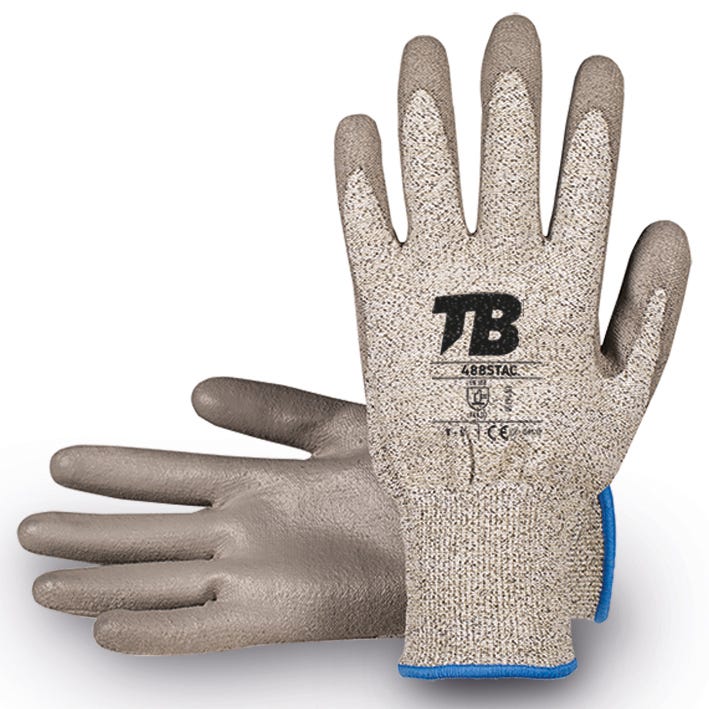 Soporte HPPE, fibra de vidrio, fibras de carbono, nailon y elastano sin costuras. Recubrimiento poliuretano gris en palma. Puño elástico. Galga 13. Resistividad vertical=10^6 Ohm.488STAC