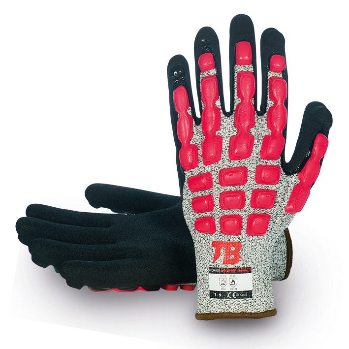 Guante soporte HPPE gris sin costuras. Recubrimiento nitrilo Sandy grip negro en palma. Protecciones latex anti-impacto rojo en dorso. Puño elástico. Galga 13.490RMF IMPACT