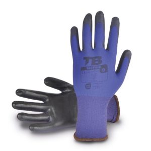 Guante soporte nailon azul sin costuras. Recubrimiento poliuretano negro en palma. Puño elástico. Galga 18.500FINE