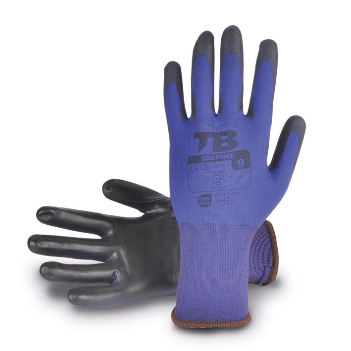 Guante soporte nailon azul sin costuras. Recubrimiento poliuretano negro en palma. Puño elástico. Galga 18.500FINE