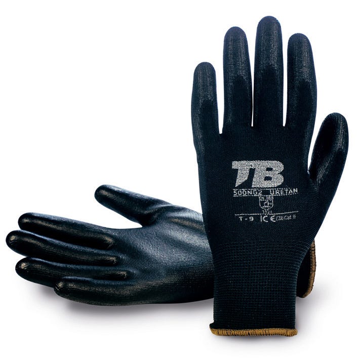 Guante soporte nailon negro sin costuras. Recubrimiento poliuretano negro en palma. Puño elástico. Galga 13.500NG2 URETAN