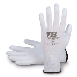 Guante soporte poliéster blanco sin costuras. Recubrimiento poliuretano blanco en palma. Puño elástico. Galga 13.500P URETAN