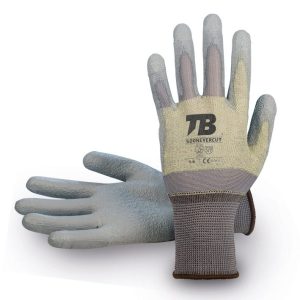 Guante soporte nailon gris y para-aramida sin costuras. Recubrimiento poliuretano gris en palma. Puño elástico. Galga 13.500NEVERCUT