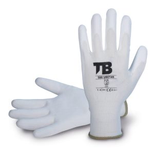 Guante soporte nailon blanco sin costuras. Recubrimiento poliuretano blanco en palma. Puño elástico. Galga 13.500 URETAN