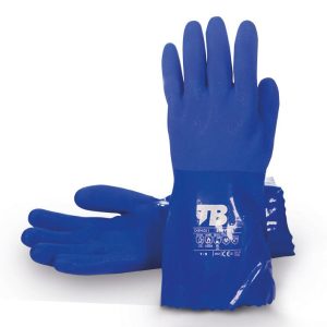 Guante PVC azul triple baño. Soporte algodón sin costuras. Grosor: 1,5 mm. Longitud total: 30 cm.666VINIL