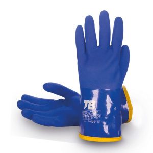 Guante PVC triple baño azul. Interior acrílico rizado amarillo. Grosor: 1,5 mm. Longitud total: 30 cm. Galga 10.666COLD