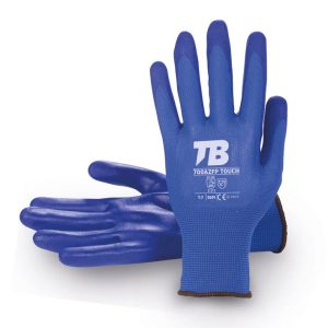 Guante soporte poliéster azul sin costuras. Recubrimiento nitrilo foam azul en palma. Puño elástico. Galga 13.700AZFP TOUCH