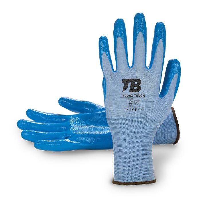 Guante soporte nailon azul sin costuras. Recubrimiento nitrilo azul en palma. Puño elástico. Galga 13.700AZ TOUCH