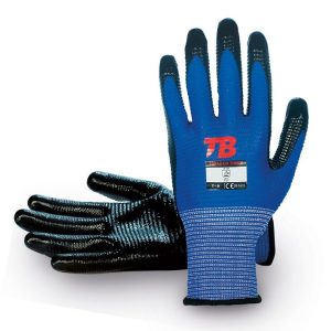 Guante soporte poliéster U3 azul sin costuras. Recubrimiento nitrilo negro en palma. Puño elástico. Galga 13700AZ U3 TOUCH