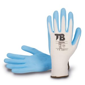 Guante soporte nailon blanco sin costuras. Recubrimiento nitrilo foam azul en palma. Puño elástico. Galga 13.700COOL