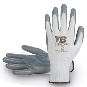 Guante soporte poliéster blanco sin costuras. Recubrimiento nitrilo gris en palma. Puño elástico. Galga 13.700GP TOUCH