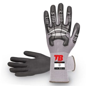 Guante soporte nailon y elastano gris sin costuras. Recubrimiento nitrilo Durafoam negro en palma. Dorso TPR con protección a golpes. Galga 15. Puño elástico.715IMPACT