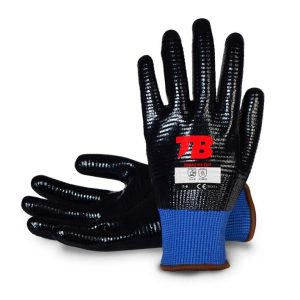 Guante soporte poliéster U3 azul sin costuras, elastano y fibra de vidrio. Recubrimiento nitrilo negro completo. Puño elástico. Galga 15.760AZ U3 CUT