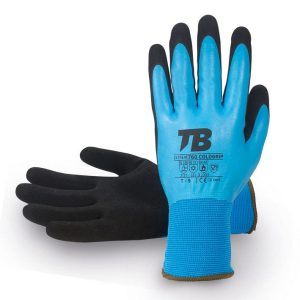 Guante soporte poliéster azul y elastómero. Recubrimiento completo látex azul. Recubrimiento negro látex Sandy grip en palma. Interior acrilico rizado negro. Puño elástico. Galga 10.760 COLDGRIP