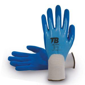 Guante soporte nailon blanco sin costuras. Recubrimiento completo nitrilo azul. Recubrimiento nitrilo azul Sandy grip en palma. Puño elástico. Galga 13.765AZ2 TOUCH