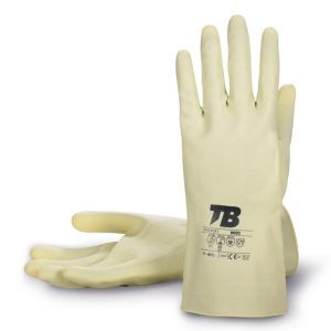Guante látex natural beige. Interior clorinado. Puño enrollado. Grosor: 0,45 mm. Longitud total: 30 cm.9001