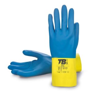 Guante látex natural/neopreno bicolor azul/amarillo. Interior flocado. Puño recto. Grosor: 0,70 mm. Longitud total: 30 cm.9002