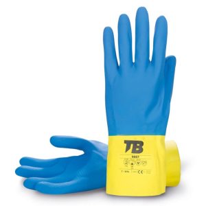 Guante látex natural bicolor azul/amarillo. Interior flocado. Puño recto. Grosor: 0,60 mm. Longitud total: 30 cm.9007
