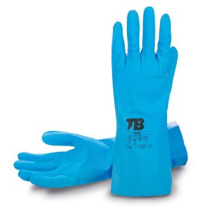 Guante ntrilo azul. Interior clorinado. Puño recto. Grosor: 0,20 mm. Longitud total: 30 cm.9008