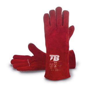 Guante serraje vacuno crupón rojo. Forro franela. Cosido hilo para-aramida. Grosor: 1,2-1,4 mm. Longitud total: 34 cm.910