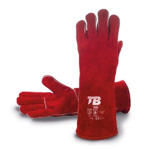 Guante serraje vacuno crupón rojo. Forro franela. Cosido hilo para-aramida. Grosor: 1,2-1,4 mm. Longitud total: 40 cm.910L