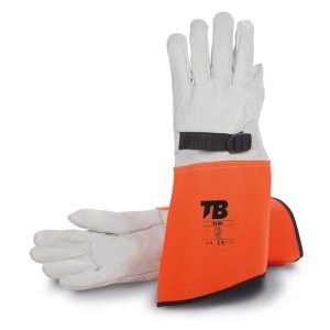 Guante piel flor vacuno gris. Cartera fluorescente: 19 cm. Grosor: 0,9-1,1 mm. Longitud total: 40 cm. Hebilla ajustable en dorso. Protección exterior para guantes dieléctricos.919D