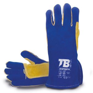 Guante serraje vacuno crupón azul. Forro ignífugo. Refuerzo serraje amarillo en palma y pulgar. Cosido hilo para-aramida. Grosor: 1,3 mm. Longitud total: 34 cm.960 PROXIMA