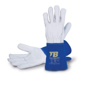 Guante piel flor gris. Forro para-aramida y fibra de vidrio. Cosido hilo para-aramida. Cartera serraje azul 14 cm. Grosor: 0,9-1 mm. Long total: 33 cm.980KV SOLMIG