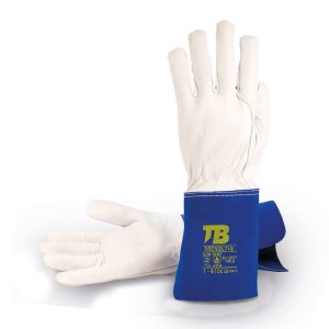 Guante piel flor cabra gris. Cosido hilo para-aramida. Cartera serraje azul 12 cm. Grosor: 0,7-0,9 mm. Longitud total: 33 cm.980SOLTIG