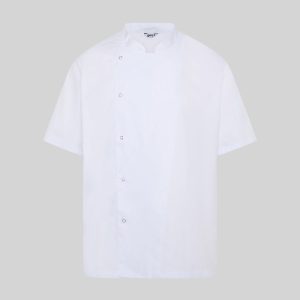 CHAQUETA COCINA UNISEX LUQUE M/C.Botones de presión vistos. Bolsillo en manga izquierda. Manga corta. Largo aprox.: 73 cm. Prenda H2: semi ajustada.